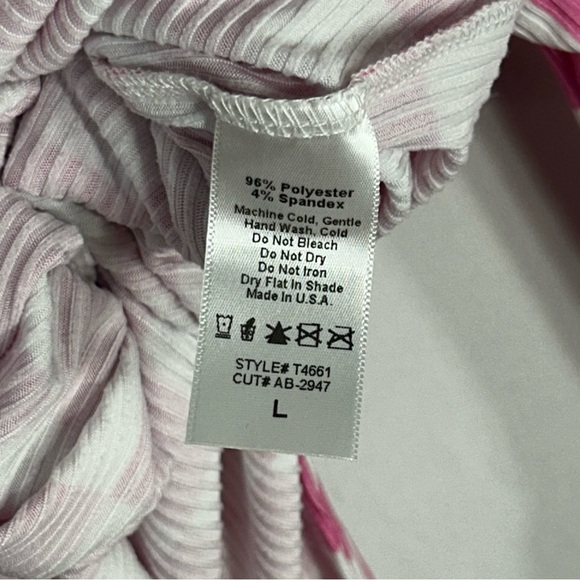 Freckled Poppy Neon Pink Checkered Pattern Ribbed Knit Short Sleeve Top Sz L - Picture 9 of 11